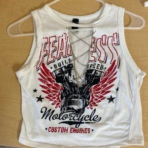 White semi cropped tank top with chain lace up.